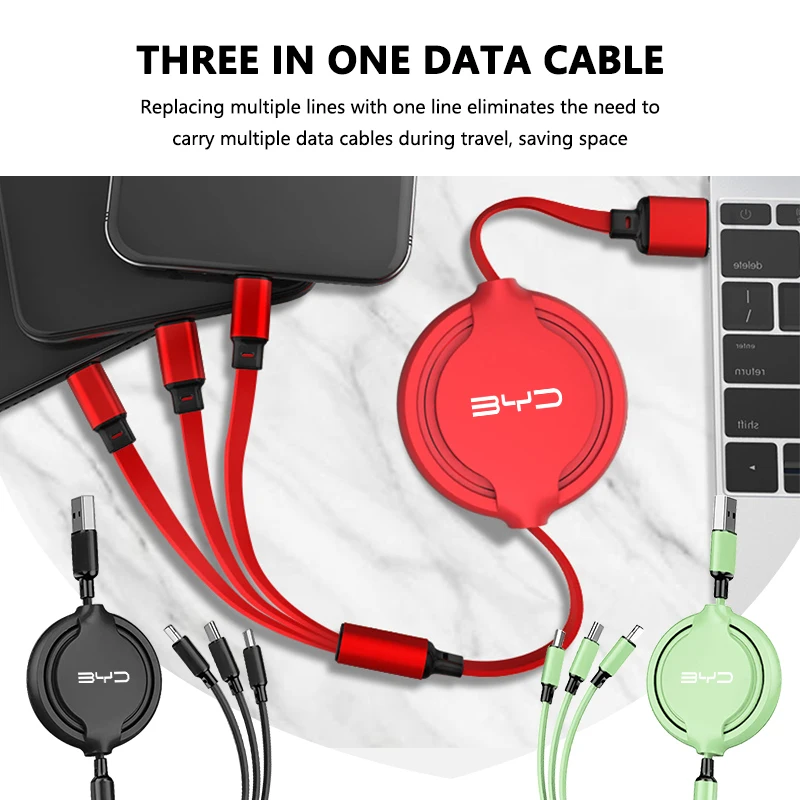 For BYD Car 3 In 1 Retractable Micro Data Wire USB Type C Fast Charging Cable F3 E6 Yuan Plus Atto F0 G3 I3 Ea1 Song Max Tang F3