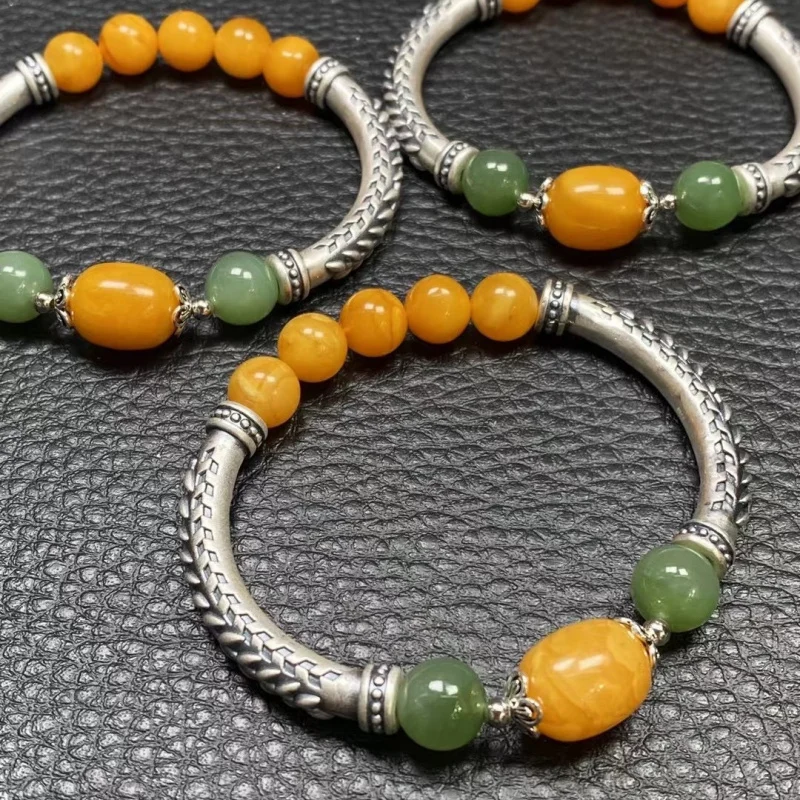 Amber Bracelet S925 Silver with Backflow Old Wax Jujube Beads and Jasper Jewelry