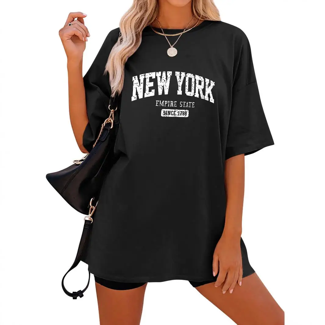 تي شيرت نسائي فضفاض موديل 2023 بأسلوب كاجوال برقبة مستديرة وأكمام قصيرة مطبوعة وأكمام خفاشية من القطن المريح #3