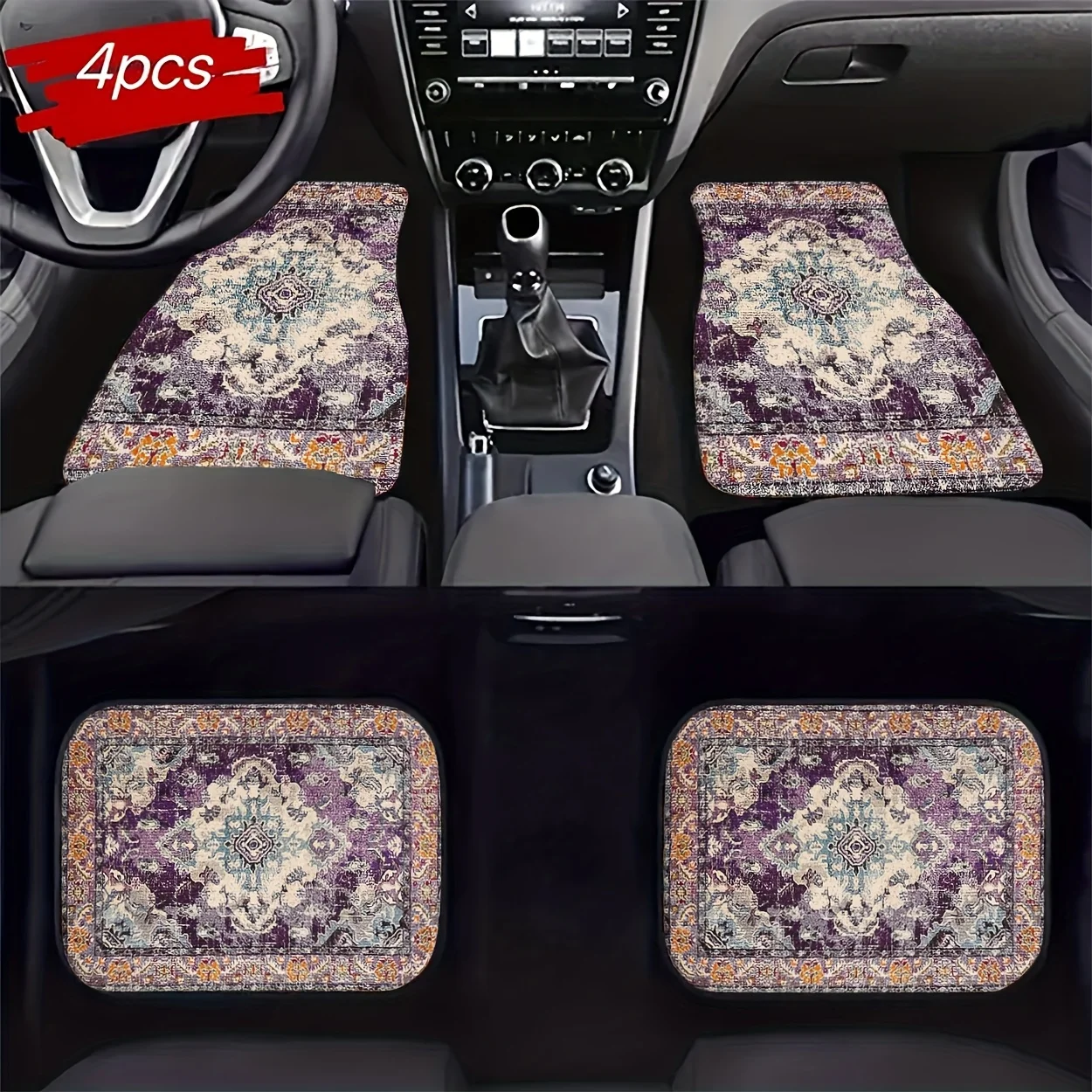 4pcs Universal Car Floor Mats, Purple - Based Retro Pattern, Retro Style Digital Printed Car Floor Mat, Fashionable And Versatil