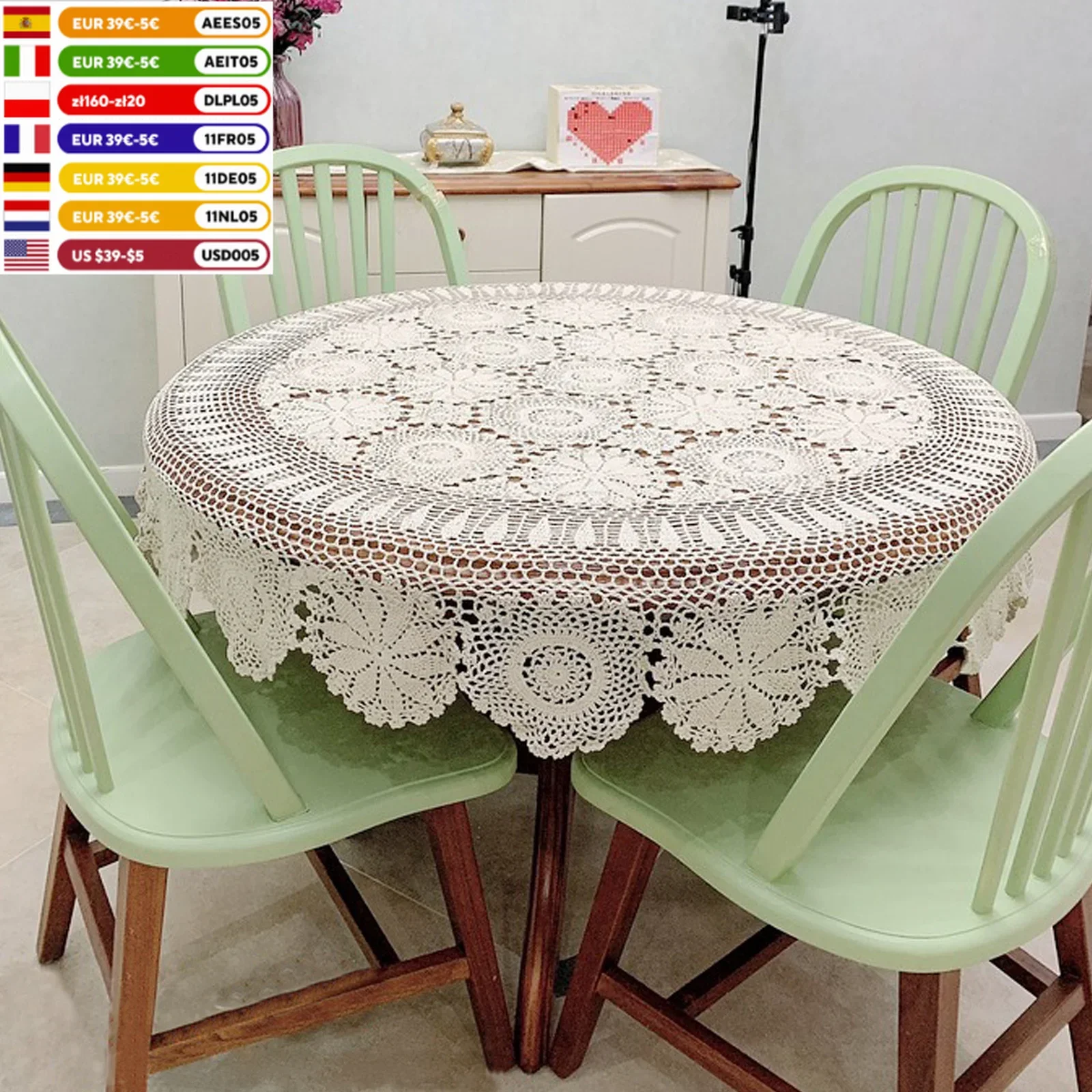 White Round Hand Crochet Tablecloth Hollow-out Vintage Lace Table Cloth Floral Doily 130cm/52inch