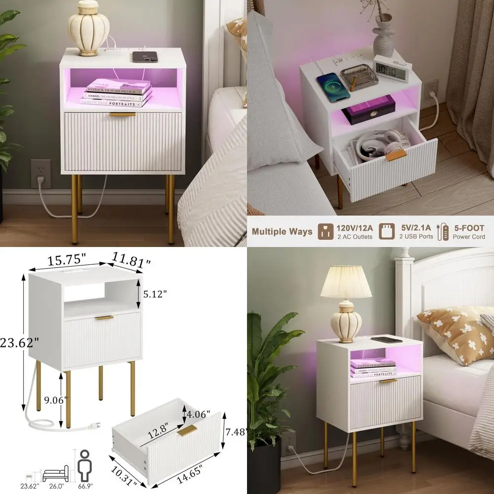 Mesita de noche blanca con base de carga y cajón para dormitorios modernos y espacios habitables