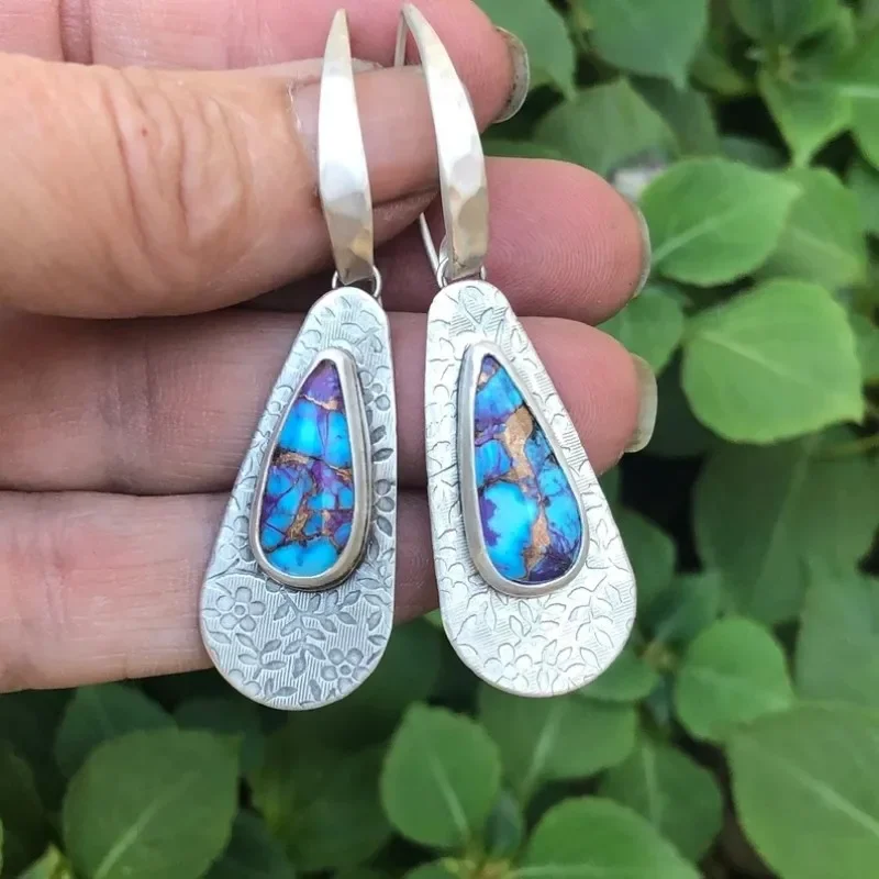 Boho Dangle Earrings for Women Vintage Selenite Turquoise Drop Earrings Ethnic Retro Pendant Ear Hook Beach Party Jewelry Gift