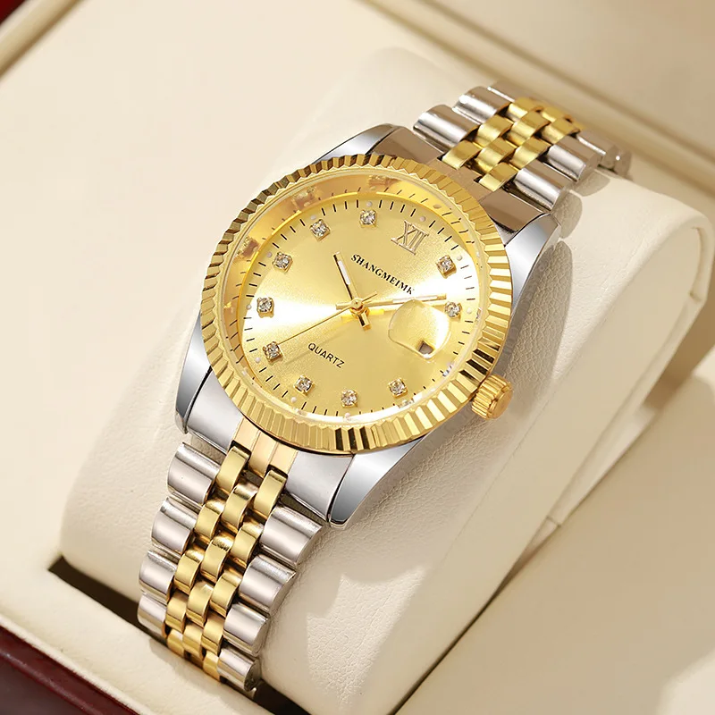Mens Watch Gold Dial Multi Functional Quartz Movement Stainless Steel Waterproof Timing Men Business Watch Reloj Hombre
