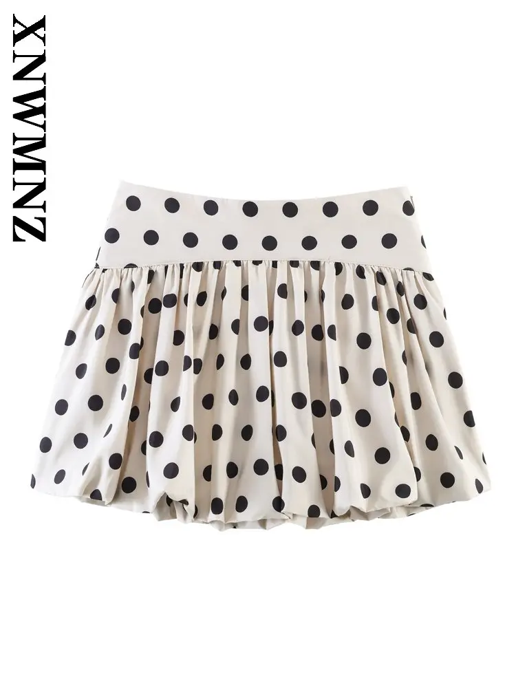 XNWMNZ 2026 Summer New Lady Holiday Preppy wrinkle mini A-lineskirt Vintage Casual Woman Fashion Print Polka dot Slim
