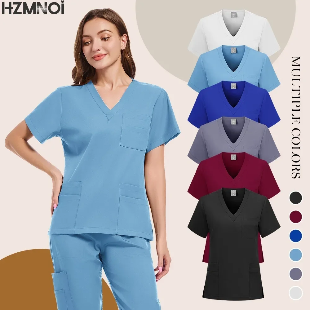 Uniforme médico enfermeira mulheres esfrega topos manga curta bolso trabalhadores uniforme de trabalho pullovers trabalhadores de enfermagem esfrega acessórios