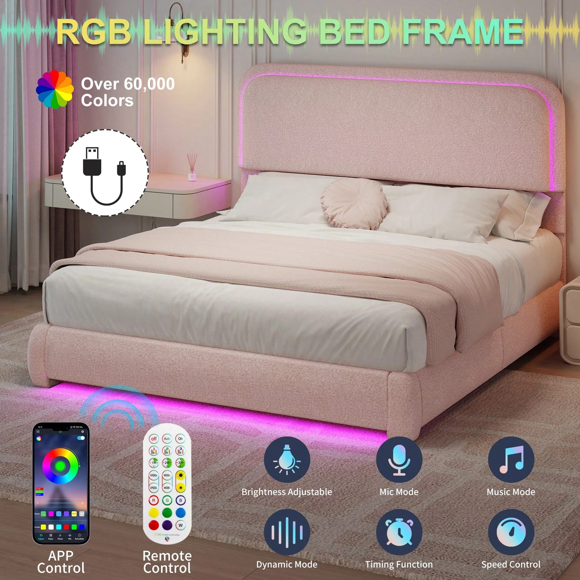 SIBEDS Queen Teddy Fleece Upholstered Bed Frame with LED Lights, Modern Cloud Platform Bed with Curved Headboard & Footboard, Thickened Rounded Corners, No Box Spring Needed, Cream image 5
