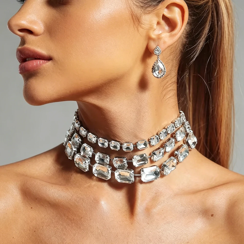 Statement Square Zircon Multilayer Choker Necklace Prom for Women Fashion Large Rhinestone Necklace Collar Christmas Jewelry