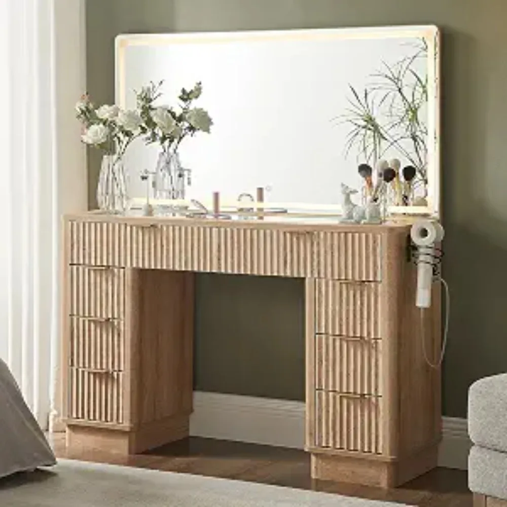 48" Fluted Makeup Vanity Desk with Large Led Lighted Mirror, Modern Vanity Table with 8 Drawers & Charging Station,, Customized