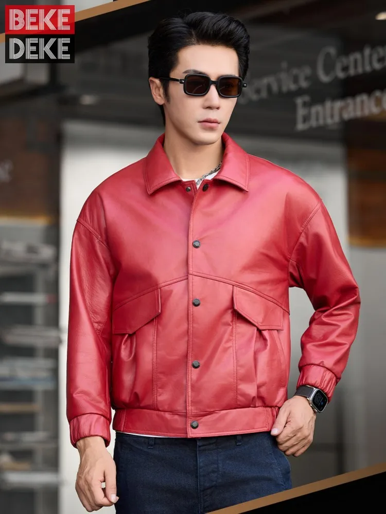 Male Business Casual High Street Autumn Winter Genuine Leather Loose Fit Jacket Patchwork Lapel Single Breasted Sheepskin Coat
