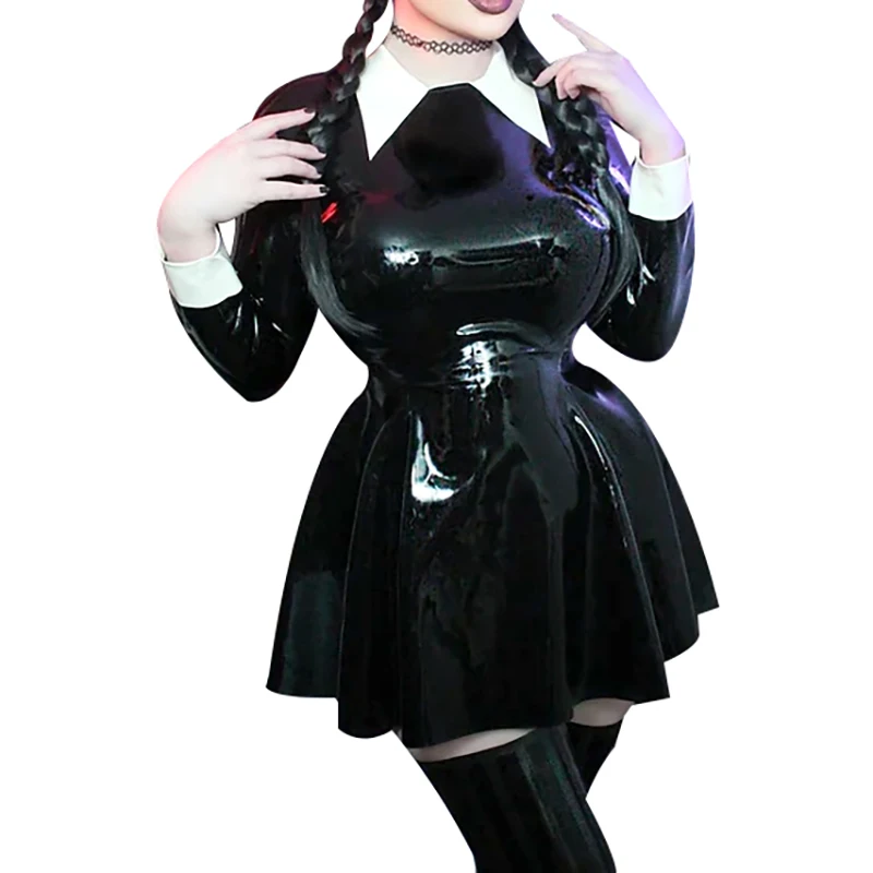 

Black And White Sexy Latex Dresses Turn Down Collar Zippers Back Rubber Playsuit Without Stockings French Maid LYQ-0373