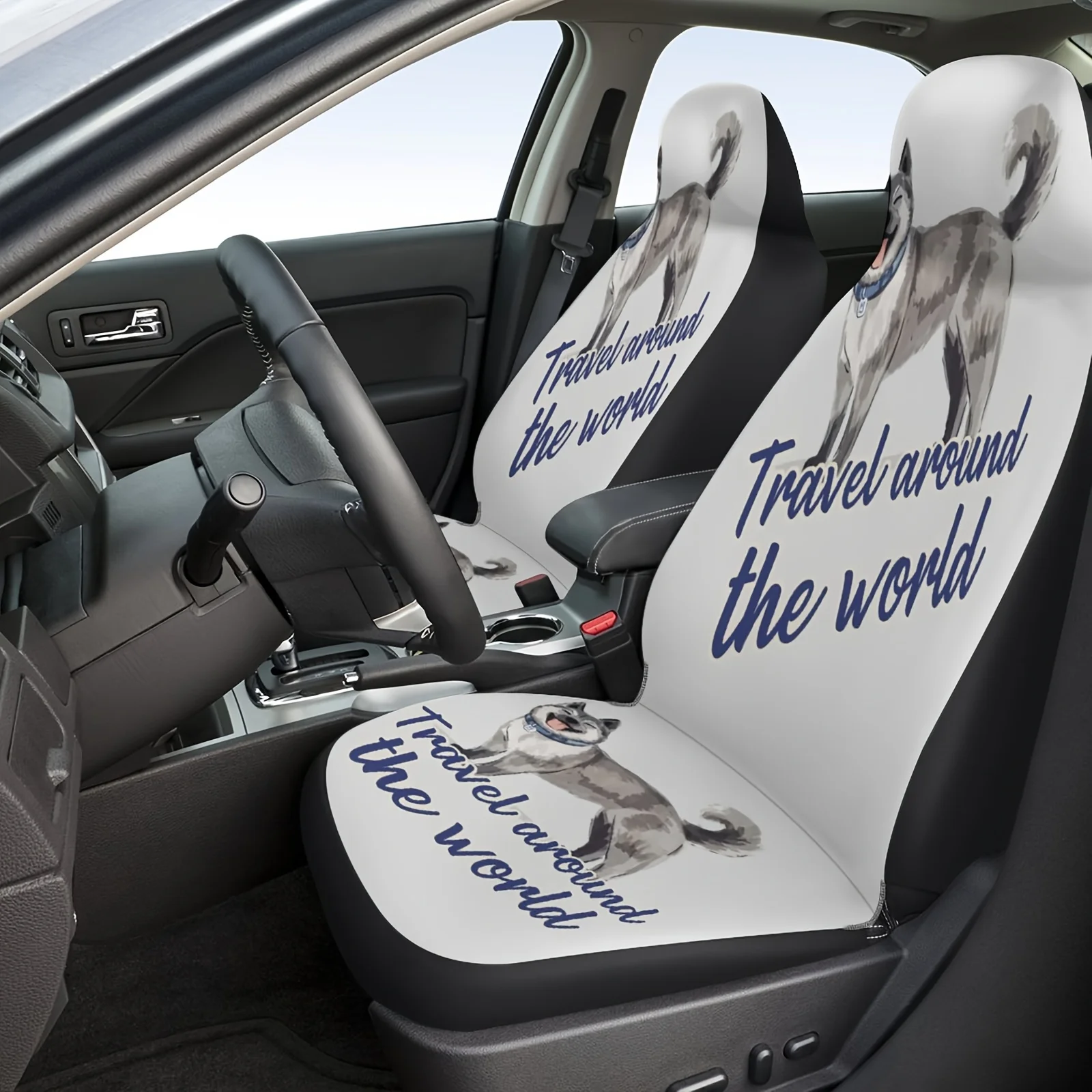2pcs Fit Car Seat Covers With Cute Dog Design - Breathable, Non-Slip Polyester, Machine Washable, 