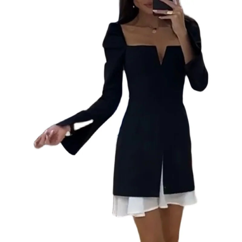 Slim Fit Long Sve Bla Dr Women's Faionable Workwear Gored Skirt High Waist A-Line Summer Dr Square Collar