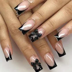 24Pcs Mid-length French Full Cover False Nails Black Bow Design Press on Nails Wearable Simple Ballet Manicure Fake Nail Tips