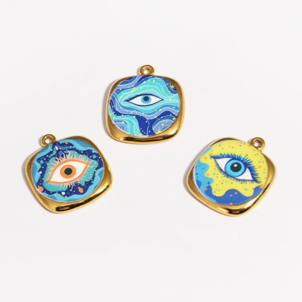 

3pcs/lot Stainless Steel Gold Plated Square Enamel Eye Necklace Pendant For DIY Charm Women Jewelry Making Supplies