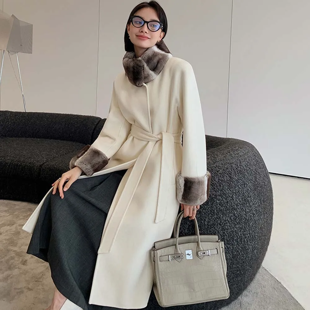 2025 Winter Women Thick Warm Cashmere Coat Elegant Black Overcoat Lace-up Patchwork Mink Fur Woolen Coats