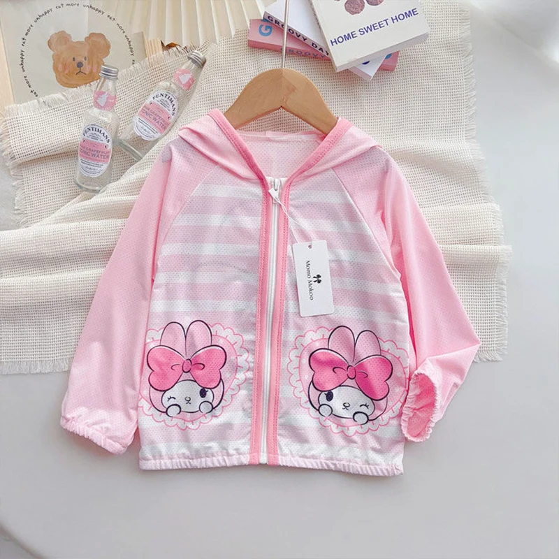 

Новинка, Детская летняя одежда My Melody, Sanrio Kawaii, аниме, Cinnamoroll, для девочек, уличное солнцезащитное пальто, ледяная сетка, дышащие подарки