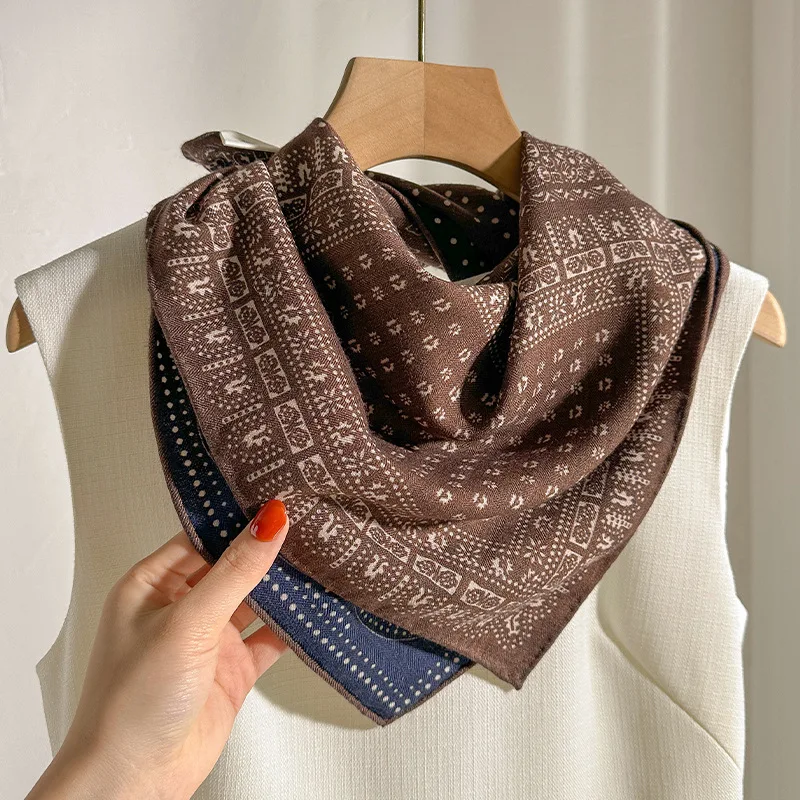 70% Wool 30% Silk Scarf for Women Elegant Chic Coffee Floral Square Scarf Ladies Designer Winter Accessories Christmas gifts