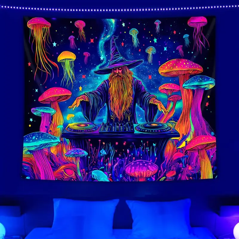 VIKAMA DJ Magic Wizard Rainbow Mushroom Jellyfish Starry Tapestry, Electronic Wall Art for Bedroom Living Room