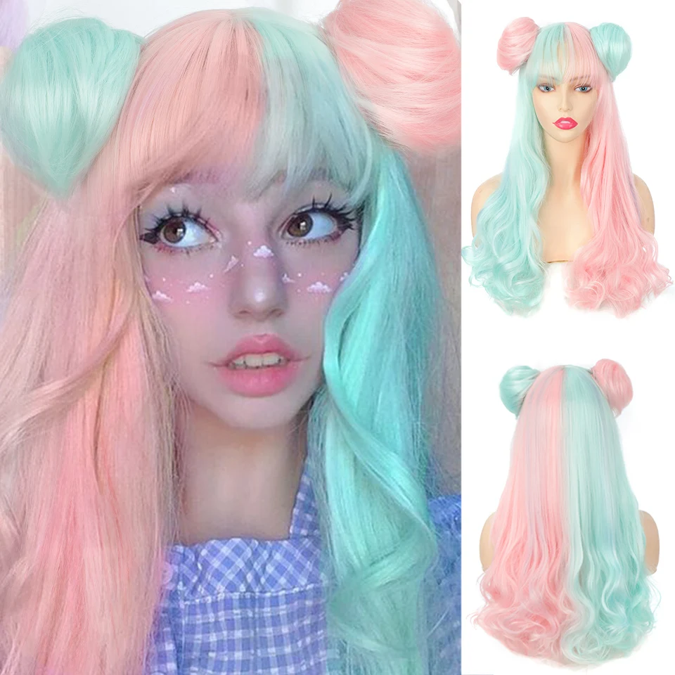 

Синтетический длинный волнистый кудрявый женский парик HOUYAN розового и синего цветов с 2 искусственными челками женский парик для косплея Лолита челка термостойкий парик