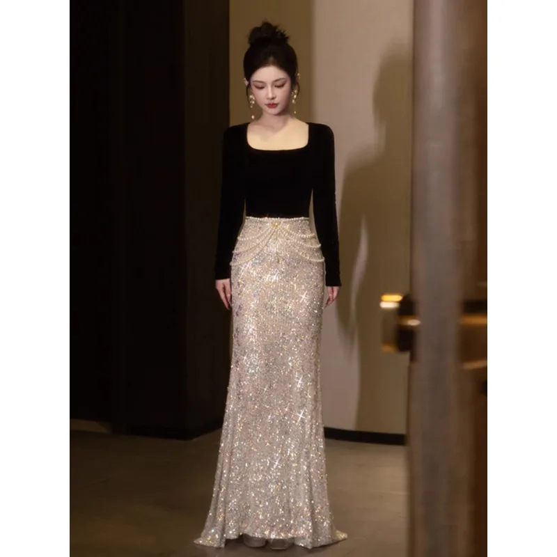 فساتين حفلات فاخرة مطرزة بالترتر فساتين سهرة أنيقة بحورية البحر باللون الأسود فساتين نسائية طويلة للمناسبات الرسمية