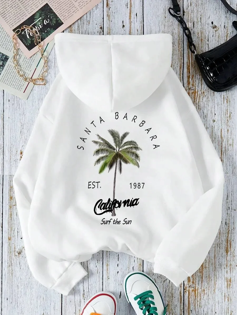 

California Santa Barbara Themed Pure Cotton Hoodie - Showcase of Surf and Sun Style Featuring Palm Tree and Santa Barbara Text