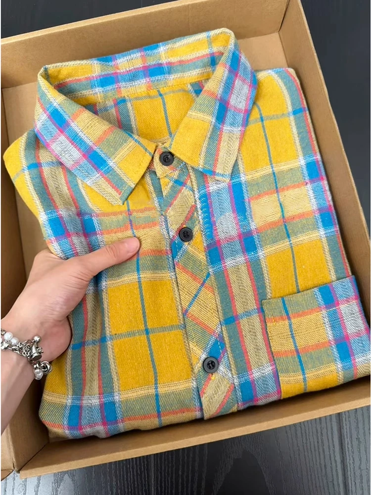 

Vintage Plaid Brued Long Sve irt Men Women Autumn American Sle Couple's Cheered irt Outerwear Youth Faion