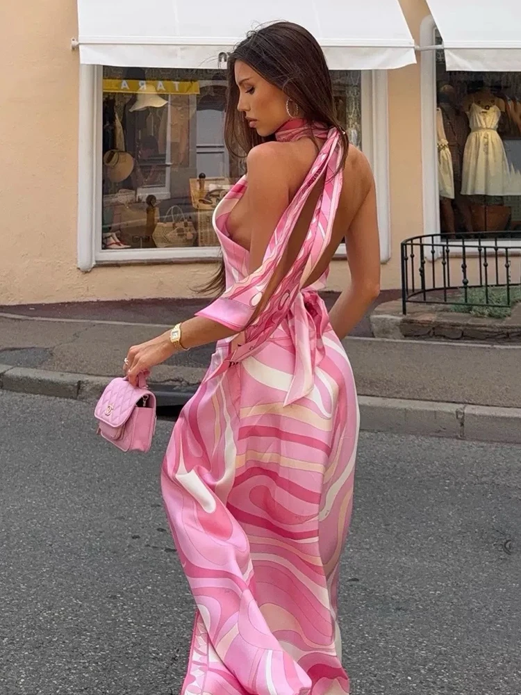 Retro geometric print sexy backless hanging neck vest top two-piece set 2026 summer women's clothing+irregular skirt fashion set