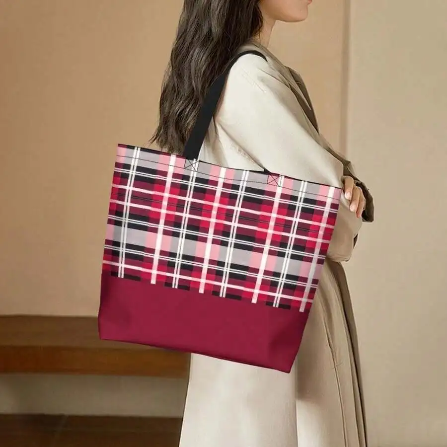 

Red Plaid Casual Tote Bag For Women Fashion Shoulder Bag With Solid Bottom