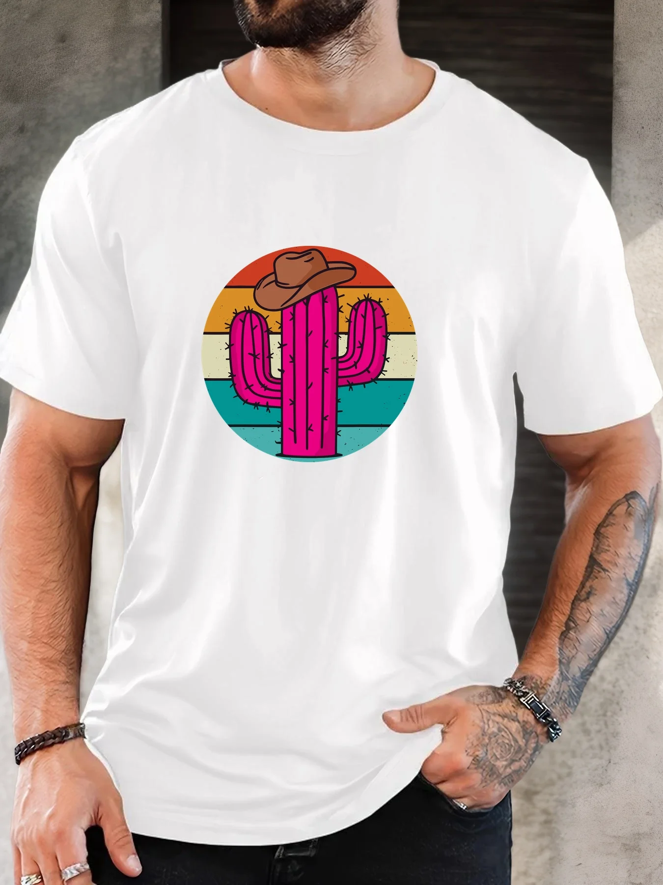 Men Crew Neck Cotton T Shirt Pink Cactus Cowboy Hat Retro Print Short Sleeve Tops Loose Western Casual Summer Tee For Young Male