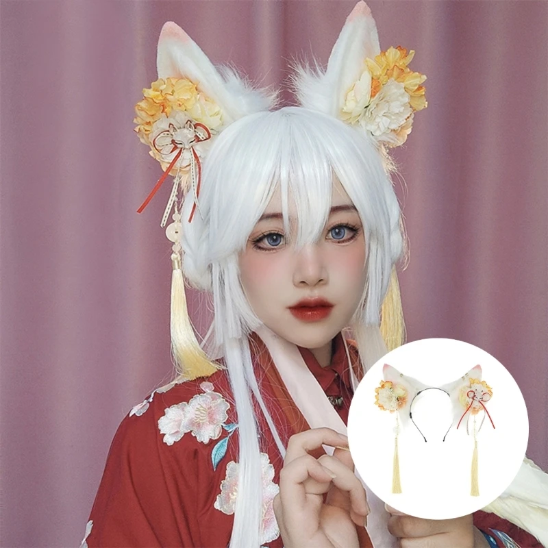 Furry Foxes Ears Cats Girls Cosplays Hair Accessories  Plush Ear Headwear Flowers Decorations Role Playing