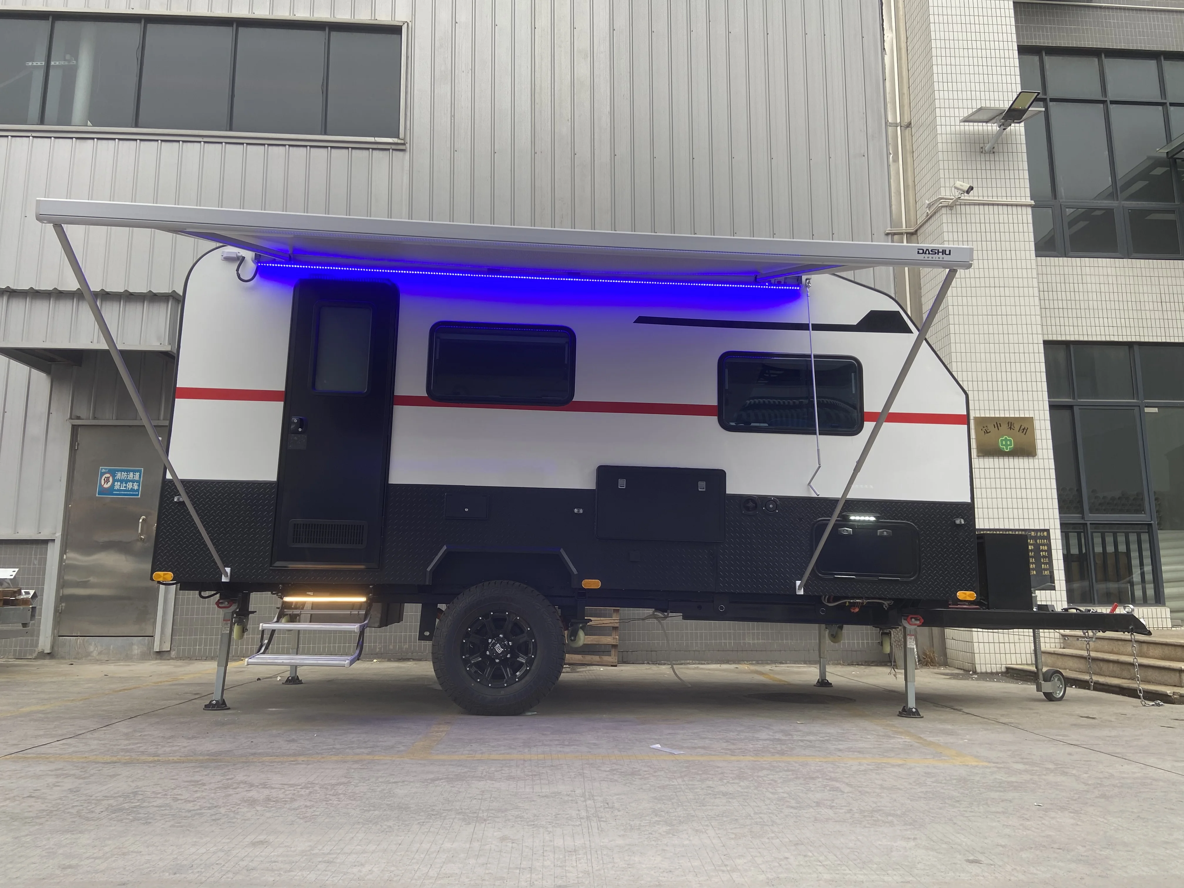Off-road adventure camping trailer with convertible roof and solar system for family outdoor camping
