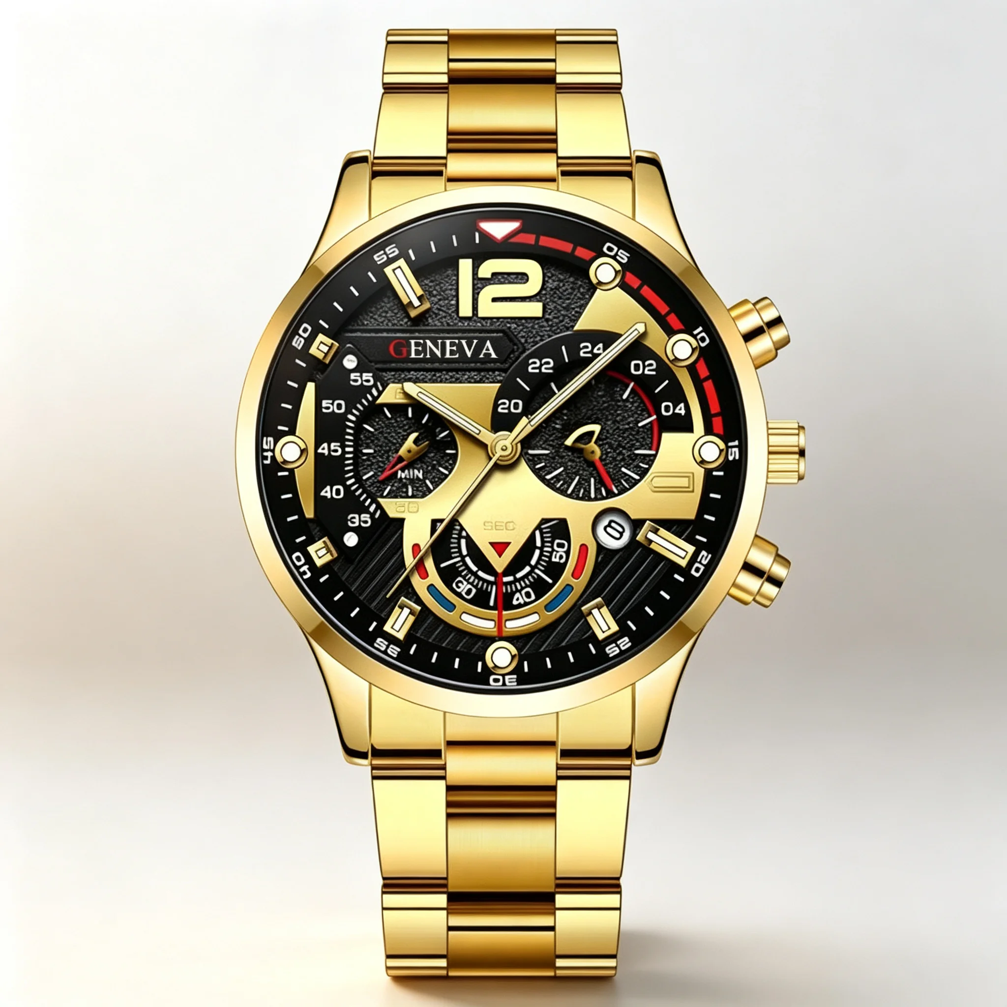 GENEVA-Men's Creative Mechanical Six-Pin Watch, Alloy Steel Band, Quartz, Luxury, Famous, Top Brand, New