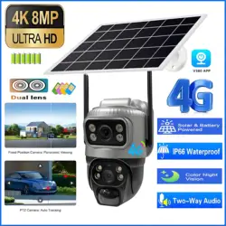 Solar Camera Outdoor 4G Sim Dual Lens 8MP 4K IP PTZ Surveillance Camera Solar Panel CCTV PIR Auto Tracking Built-in Battery Cam