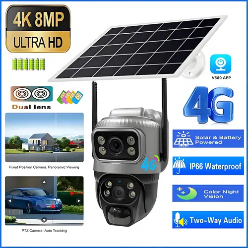 ソーラーカメラ屋外 4G Sim デュアルレンズ 8MP 4K IP PTZ 監視カメラソーラーパネル CCTV PIR 自動追跡内蔵バッテリーカム