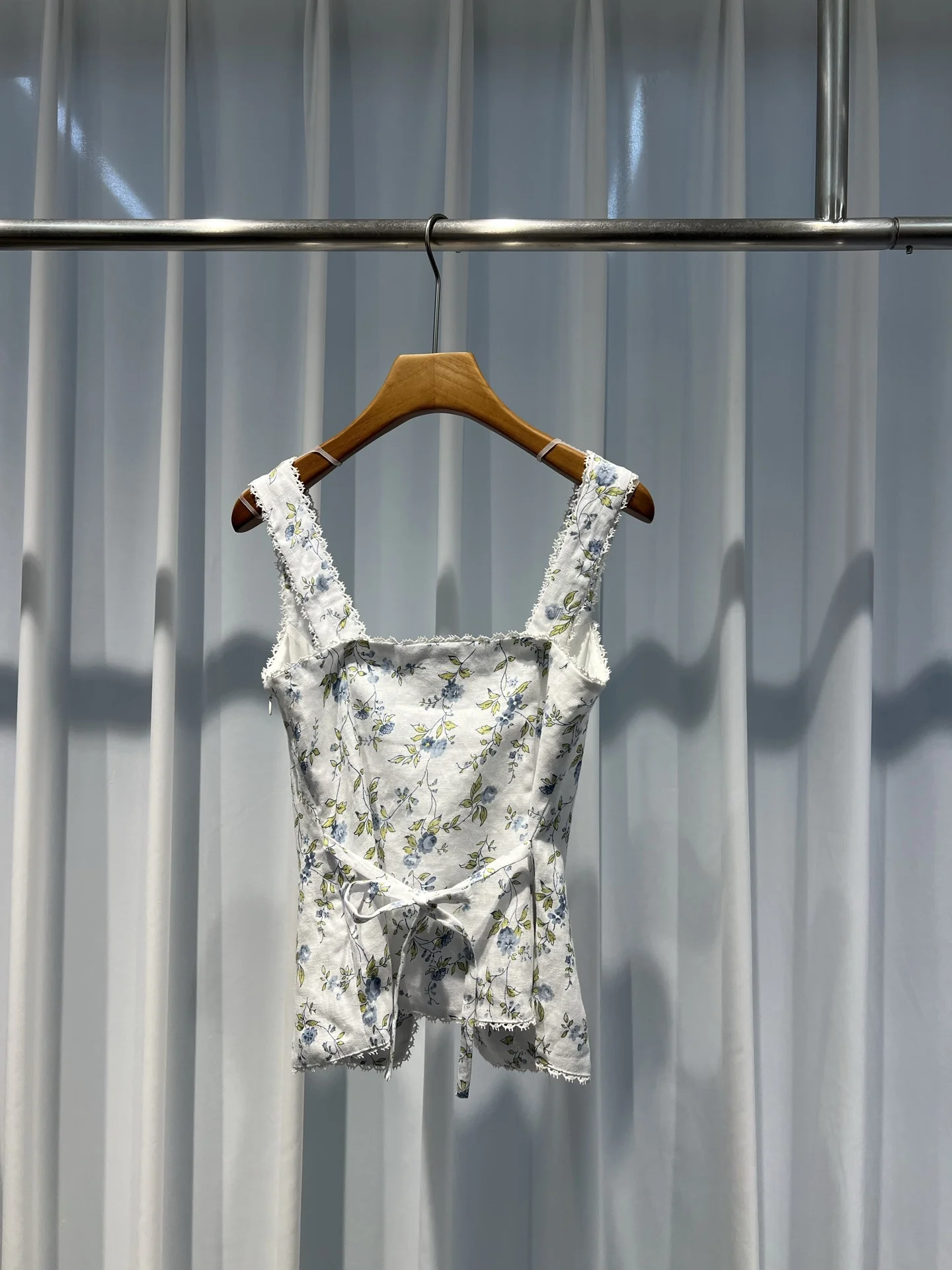 Women Flower Print Vest 100% Linen Lace Edge Square Collar Sleeveless Casual Female Tank Top