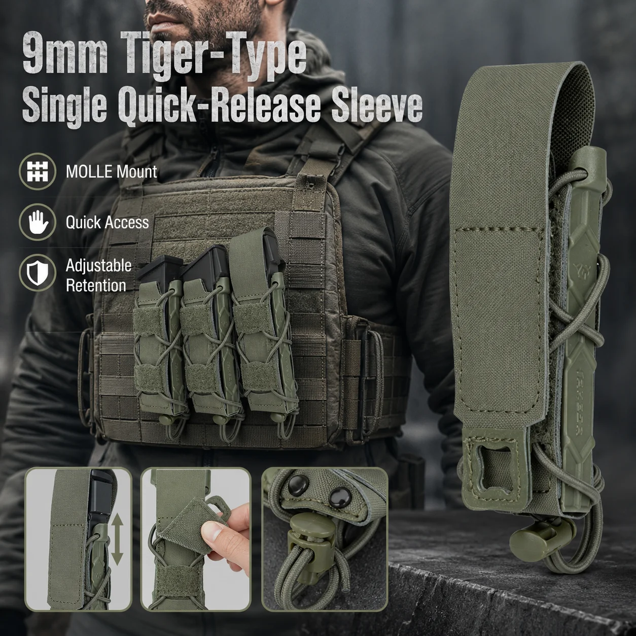 

9mm Tiger-Type Quick Release Magazine Pouch MOLLE Tactical Sleeve Adjustable Retention Airsoft Outdoor Gear