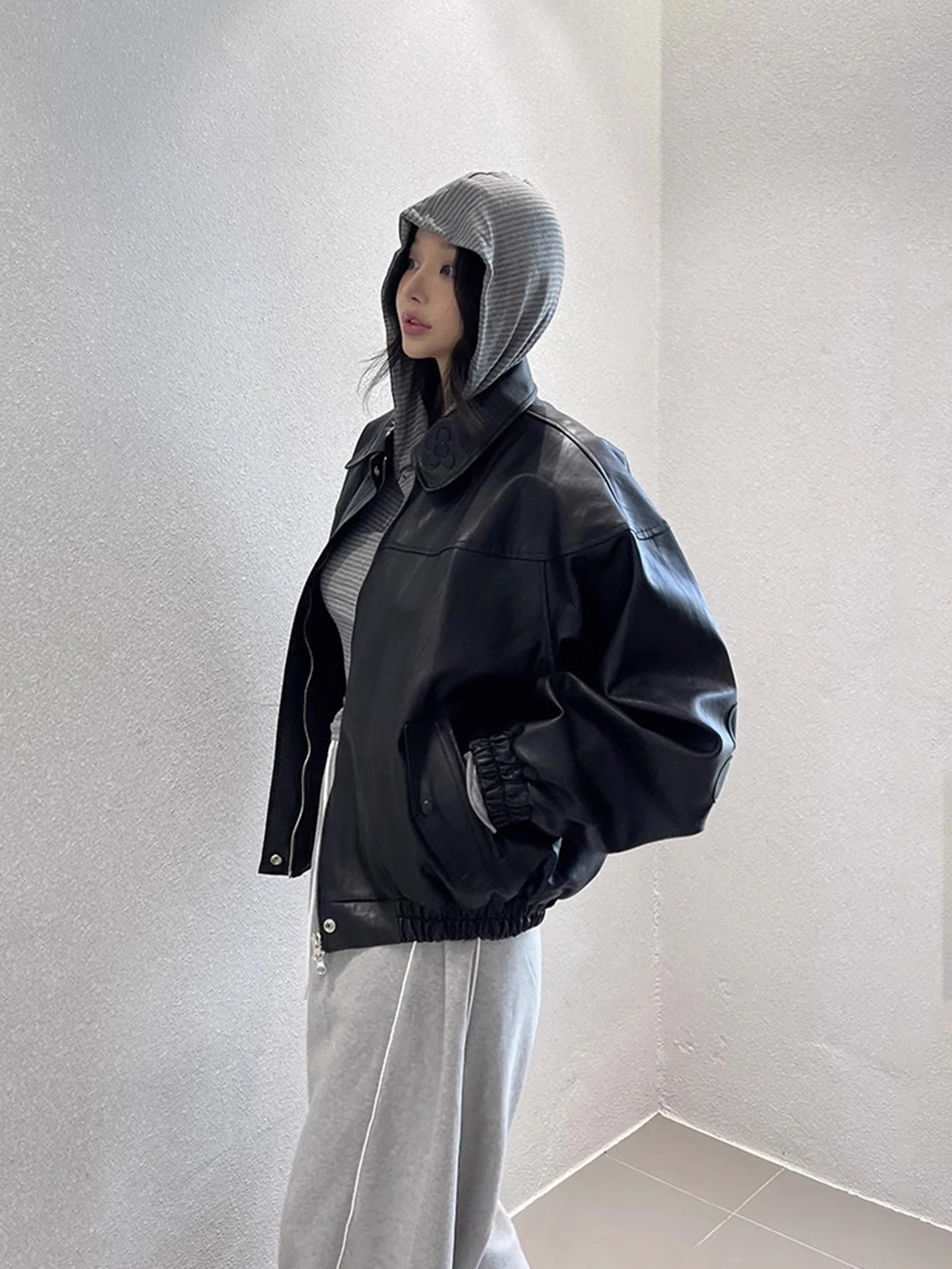 Frauen Herbst Winter Streetwear Zip Up Lose Pu Leder Jacke Dame Langarm Faux Leder Drehen Unten Kragen Outwear Top