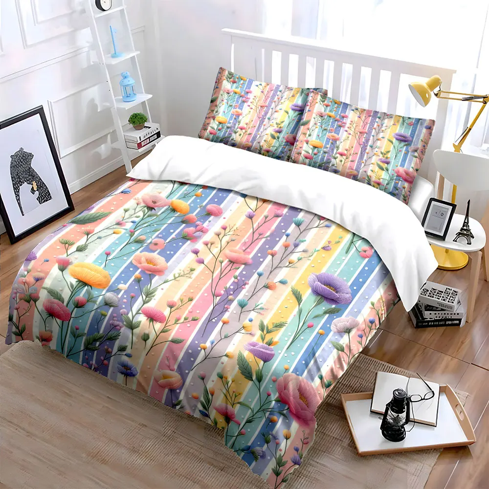 Colorful stripe and floral background Bedding Set for Kids Luxury Gift 3pcs Digital Print Comforter Set Soft Comfortable
