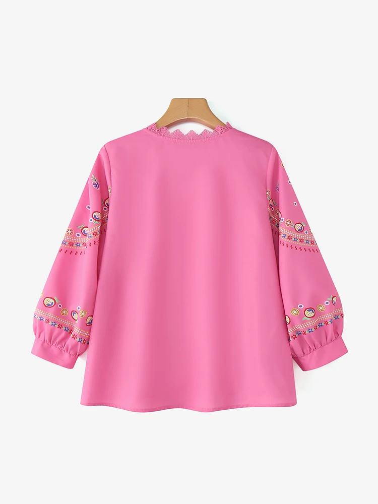 ZANZEA Elegante Spitze Patchwork Frau Shirts Herbst 2025, Oansatz 3/4 Laterne Hülse Plissee Saum Tops Böhmischen Frauen Streetwear 3XL