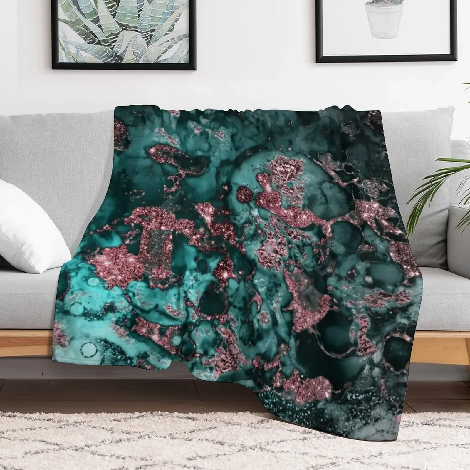 Pink And Emerald Faux Marble Throw Blanket Stain Resistant Cozy Warm Blanket