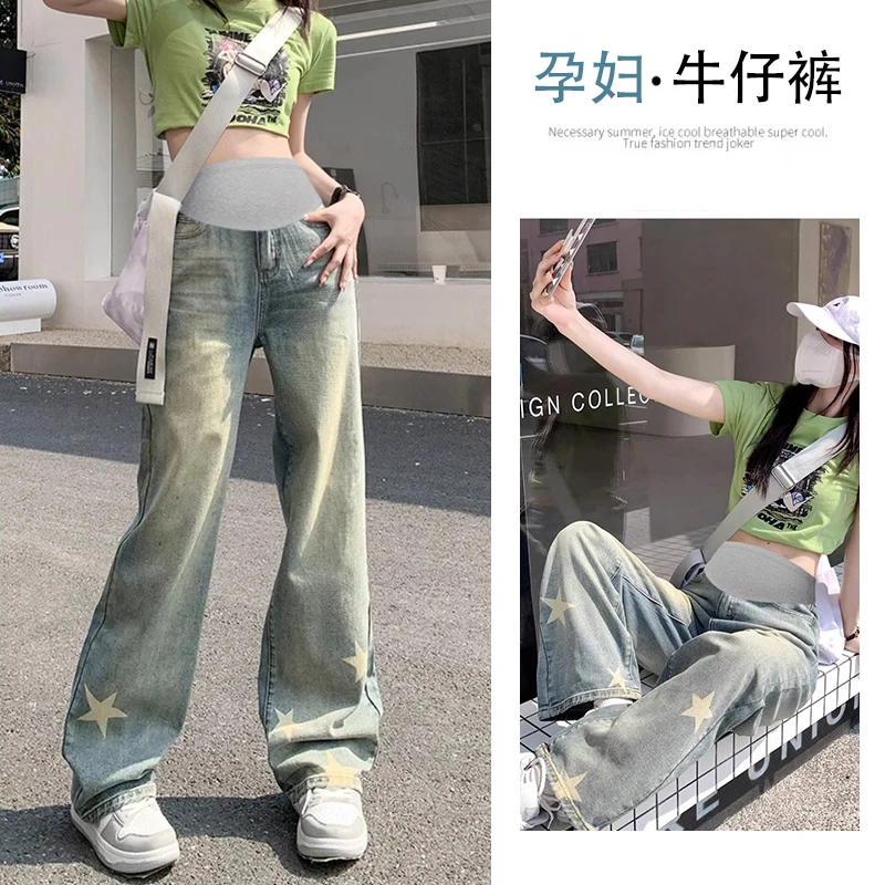 

Y2K Youth Maternity Jeans STAR Printed Washed Distressed Old Flared Pants for Pregnant Women Retro Pregnancy Trousers Streetwear