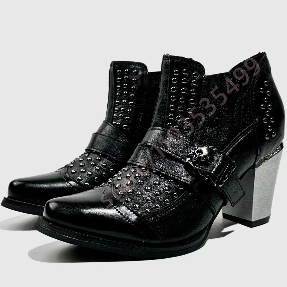 

2025 Black Belt Buckle Women's Chelsea Shoes Autumn Pointed Toe Party Chunky Heel Pumps Street Retro Slip-On Casual Shoes