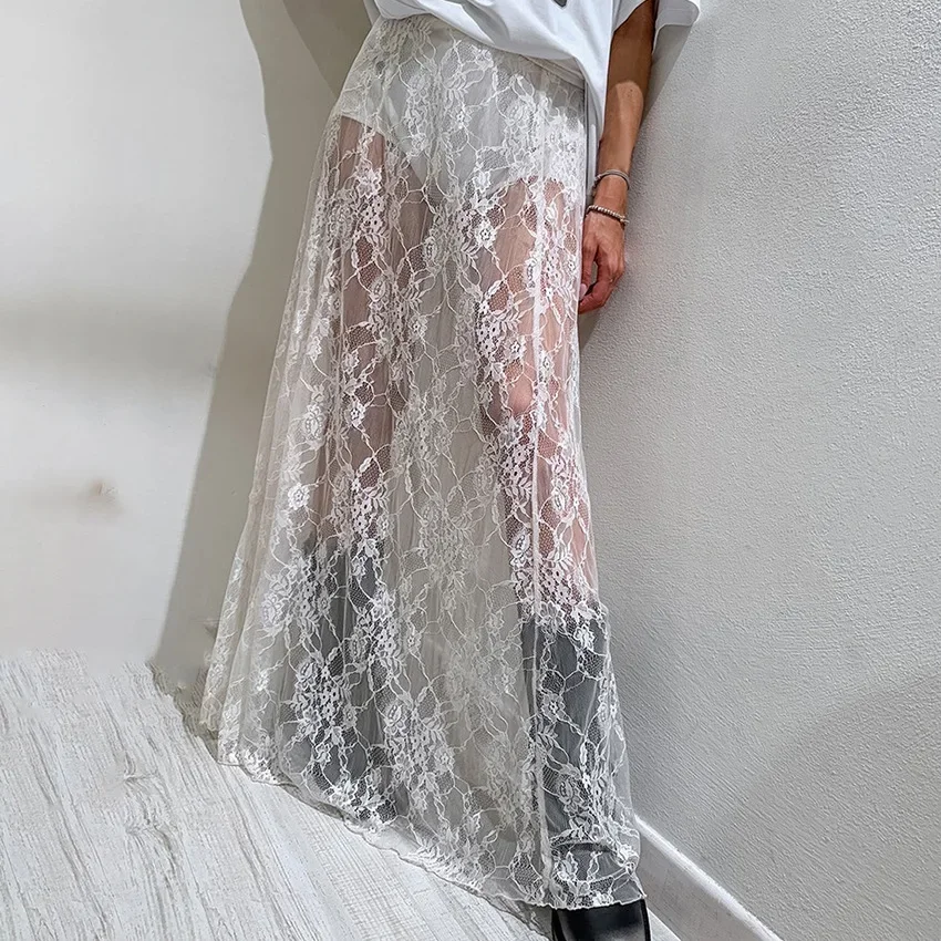 FDEY Women Black Y2k Lace Long Skirt Sexy See-Through High Waist A-Line Maxi Skirt for Beach Vacation Club Streetwear Summer