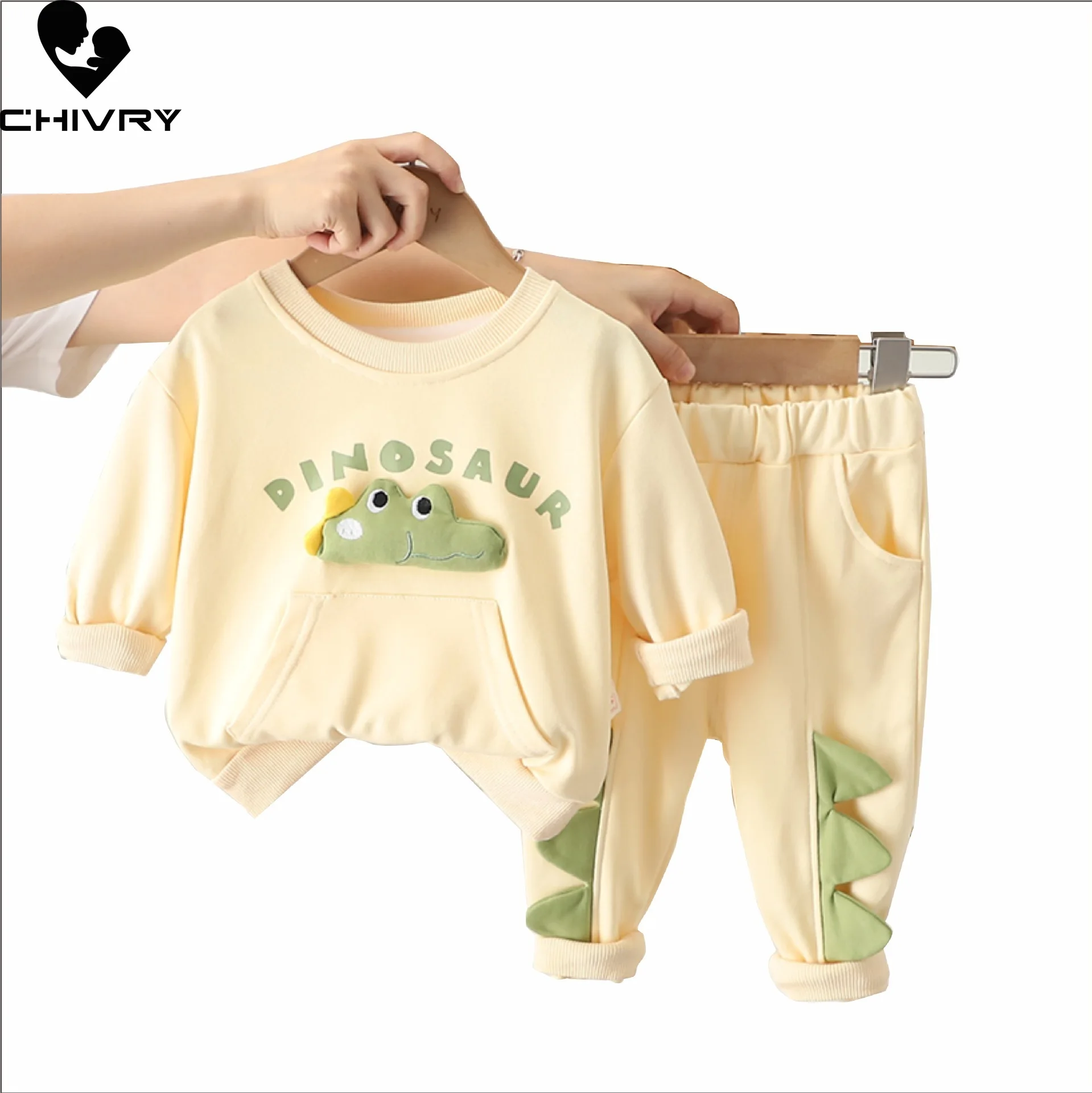 New 2023 Baby Boys Spring Autumn Fashion Cartoon Dinosaur Letter Round Neck Sweatshirt Tops with Pants Kids Casual Clothing Sets