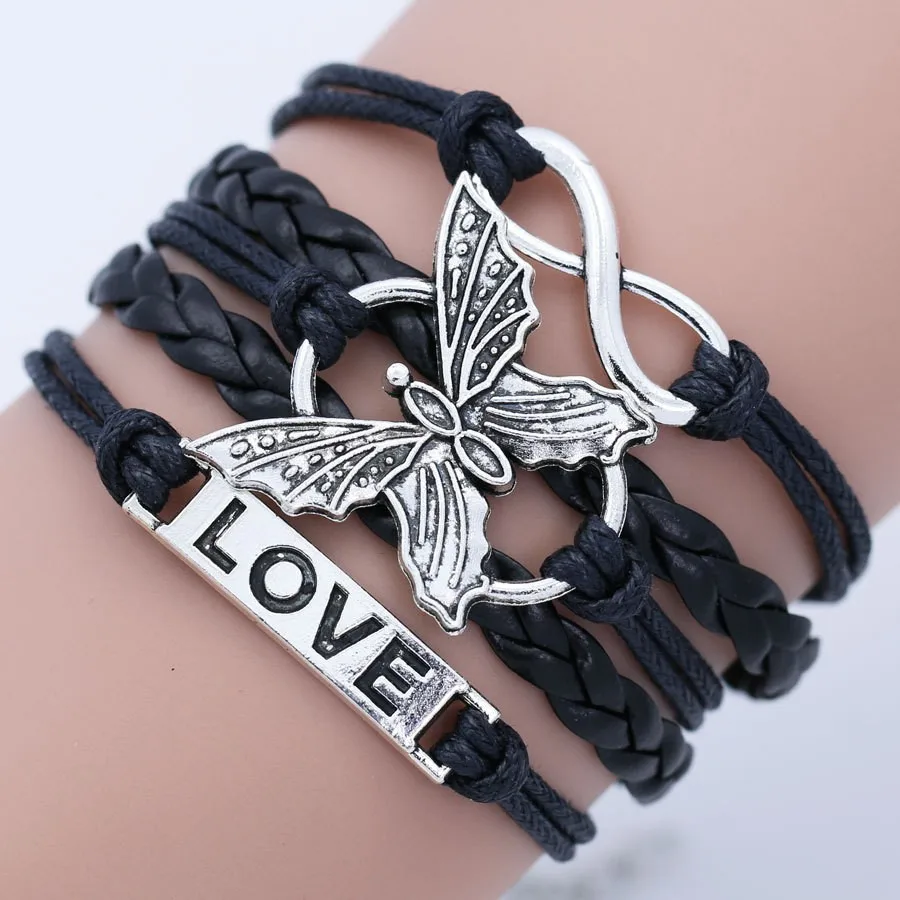 Vintage Handmade Multilayer Leather Bracelet With Letter Love And Butterfly For Men And Women(Color: Multicolor)