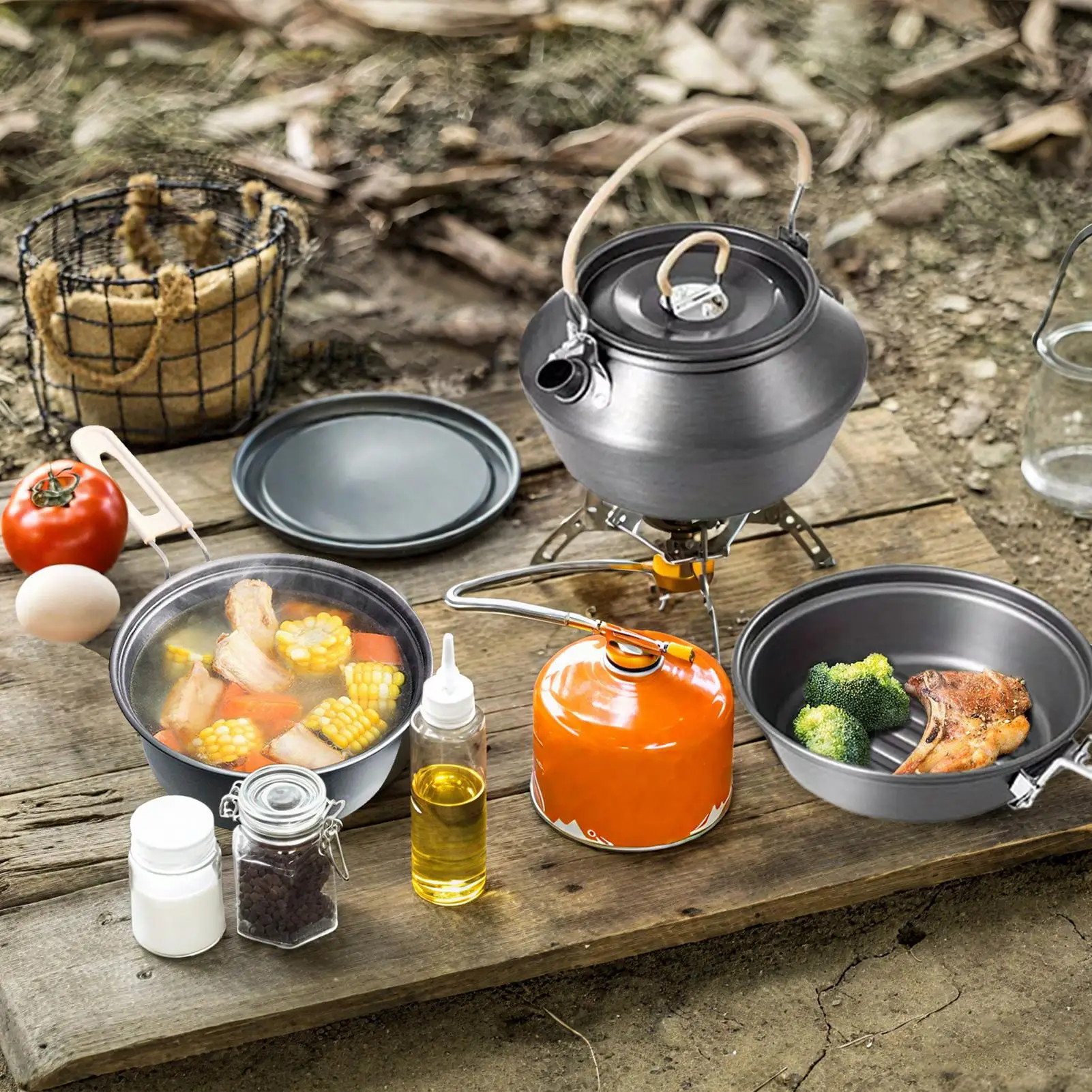 

Набор для приготовления пищи на природе, кухонный набор для кемпинга, сковорода, чайник, кухонные принадлежности, посуда для жарки, тушения, барбекю, походов на открытом воздухе