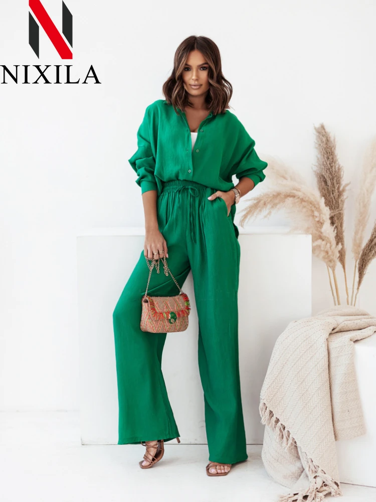 

Spring Summer Fall Casual Oversized Women's Tracksuit Elegant Shirts Wide Leg High Waist Pants Two Piece Sets Womens Outifits