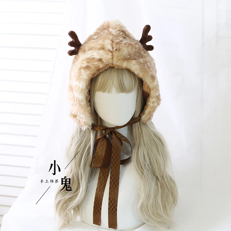 Japanese Sweet Autumn and Winter Elk Spot Hat Warm Fur Antlers Cute Earmuffs Hat Winter Fleece Lei Feng Hat