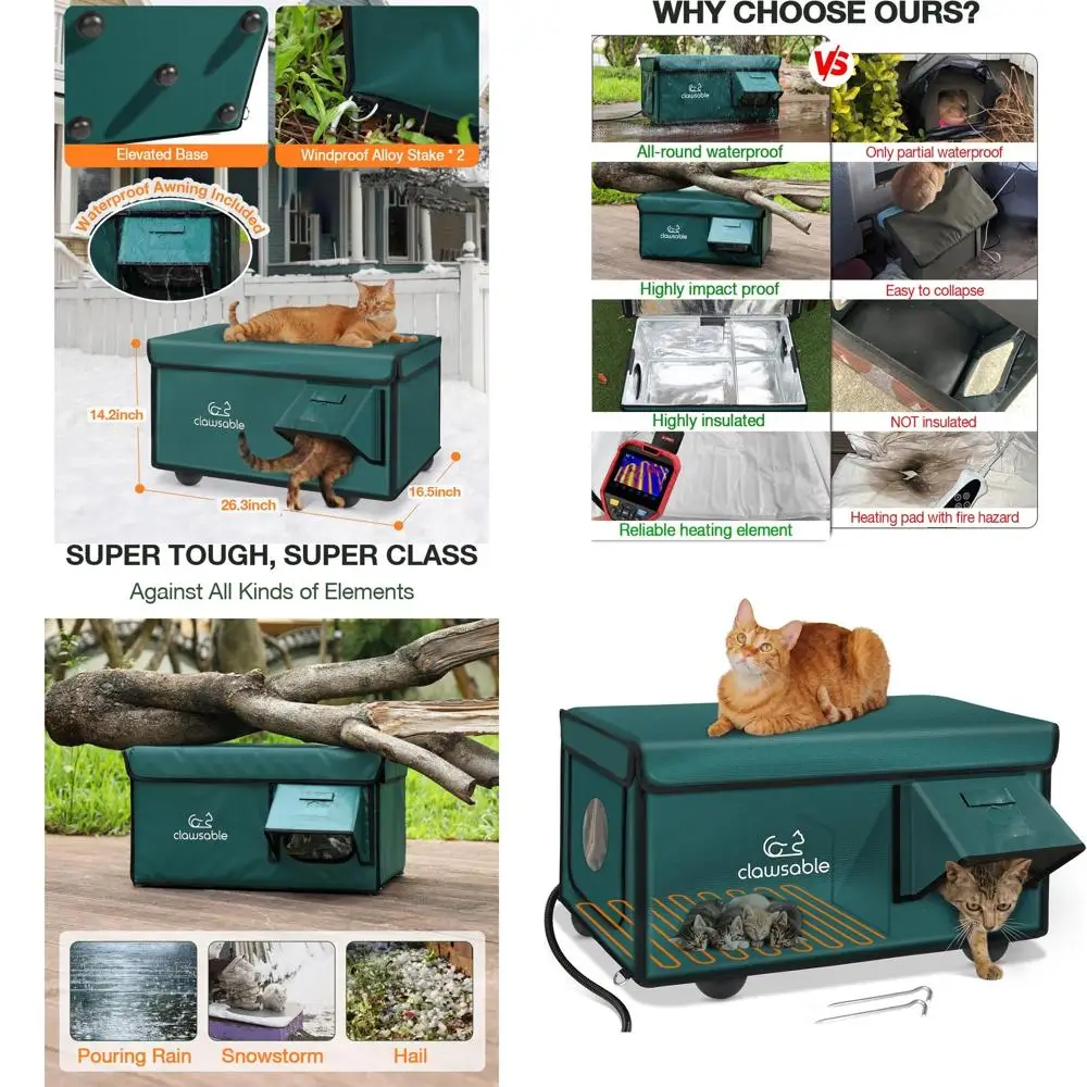 

Всепогодное укрытие для кошек на открытом воздухе с обогревателем для зимы, безопасная побега, изолированный дом для ферловых кошек (лесной зеленый, 26x16x14)